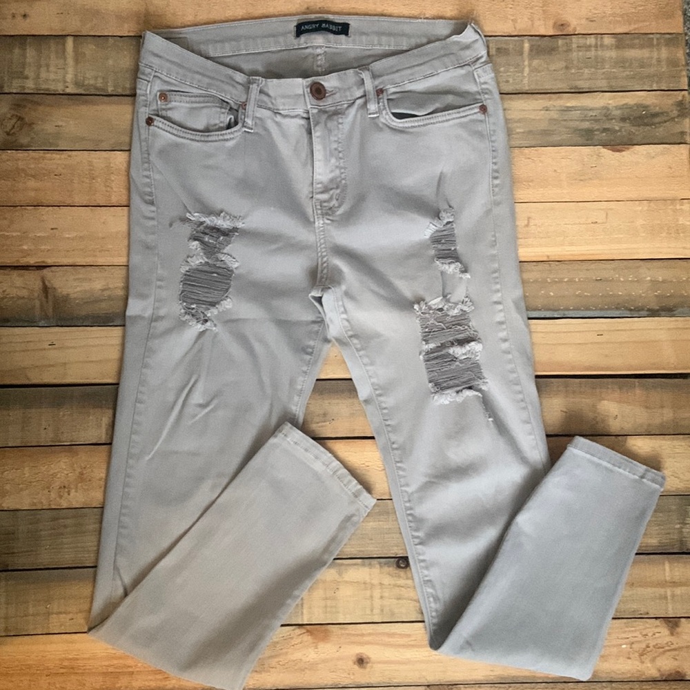 Angry Rabbit Dove Gray Distressed Skinny Jeans Stretchy Size 31/13 Front Zipper